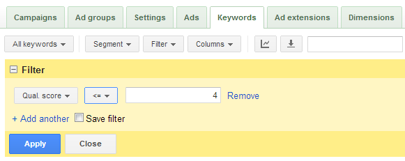 Image of how to set up AdWords Quality Score filter